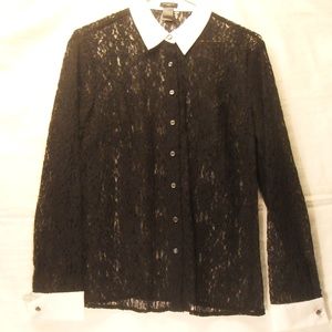 Ann Taylor Petite Black Lace Blouse Size 4P EUC